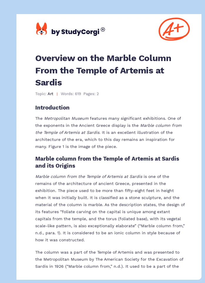 Overview on the Marble Column From the Temple of Artemis at Sardis. Page 1