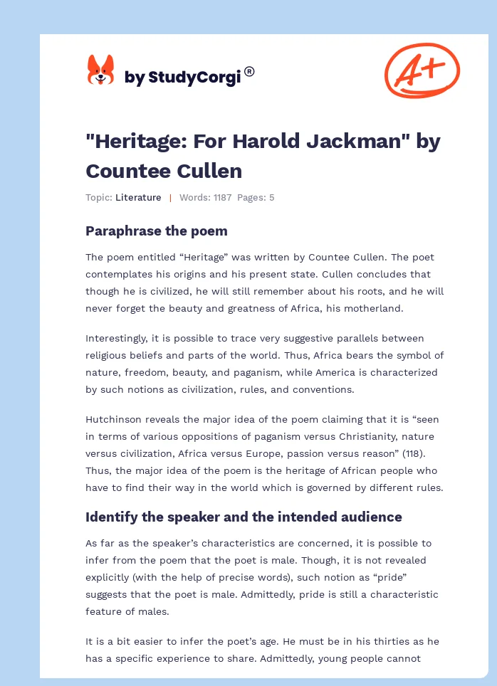 "Heritage: For Harold Jackman" by Countee Cullen. Page 1