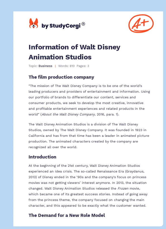 Information of Walt Disney Animation Studios. Page 1