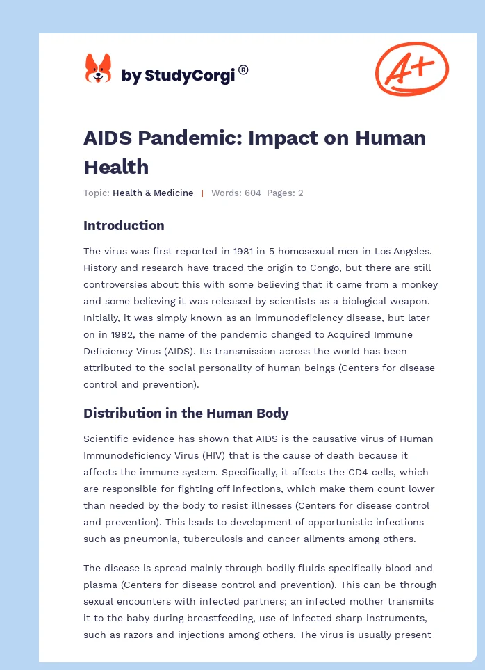 AIDS Pandemic: Impact on Human Health. Page 1