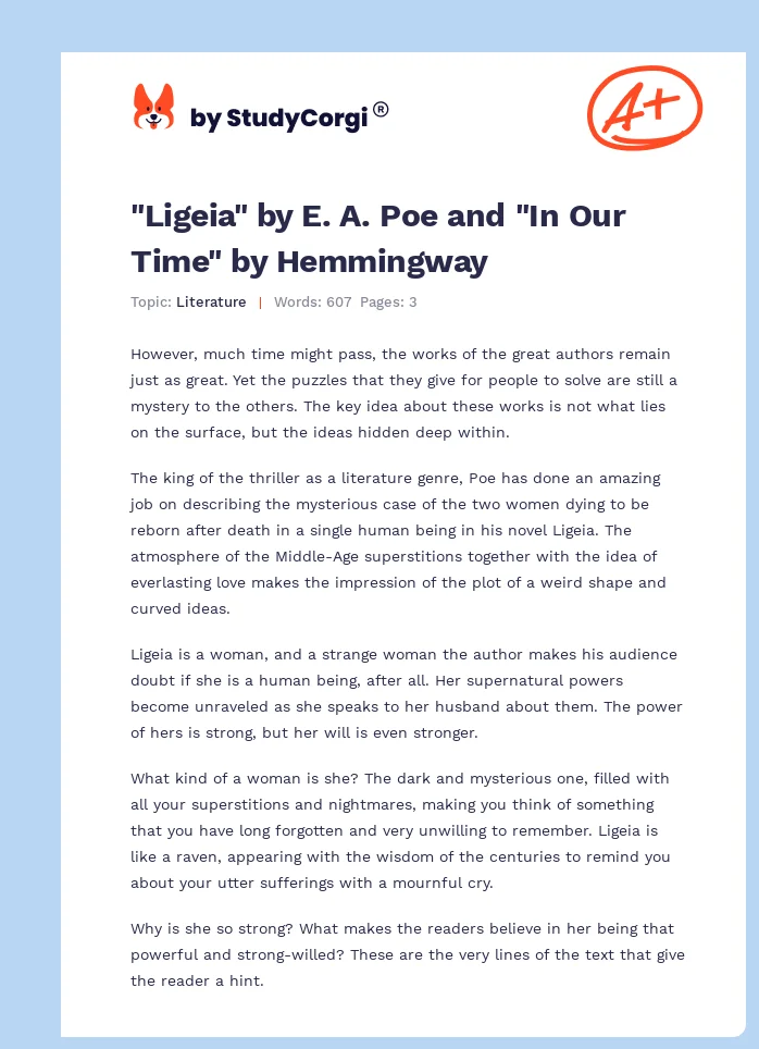 "Ligeia" by E. A. Poe and "In Our Time" by Hemmingway. Page 1