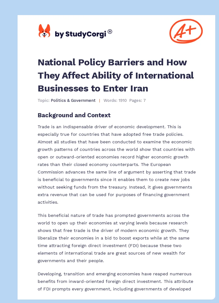 National Policy Barriers and How They Affect Ability of International Businesses to Enter Iran. Page 1