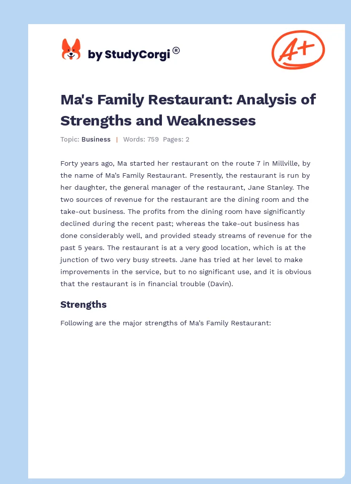 Ma's Family Restaurant: Analysis of Strengths and Weaknesses. Page 1