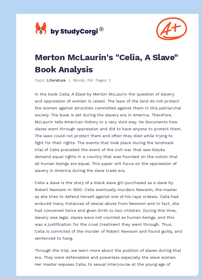 Merton McLaurin's "Celia, A Slave" Book Analysis. Page 1