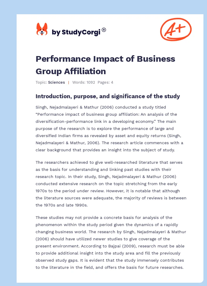Performance Impact of Business Group Affiliation. Page 1