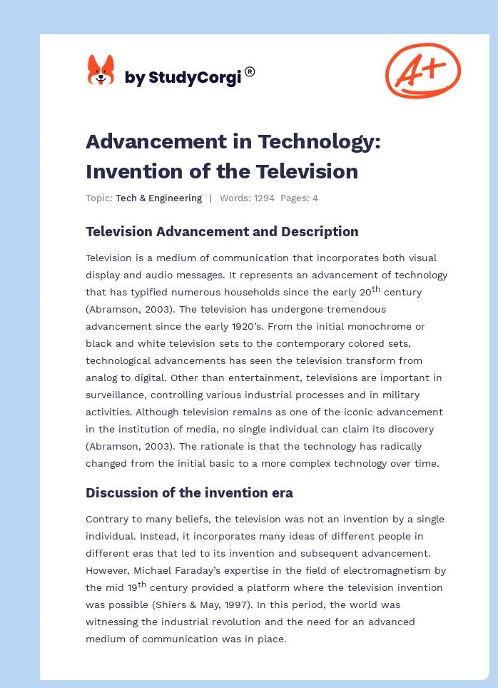 Advancement in Technology: Invention of the Television. Page 1