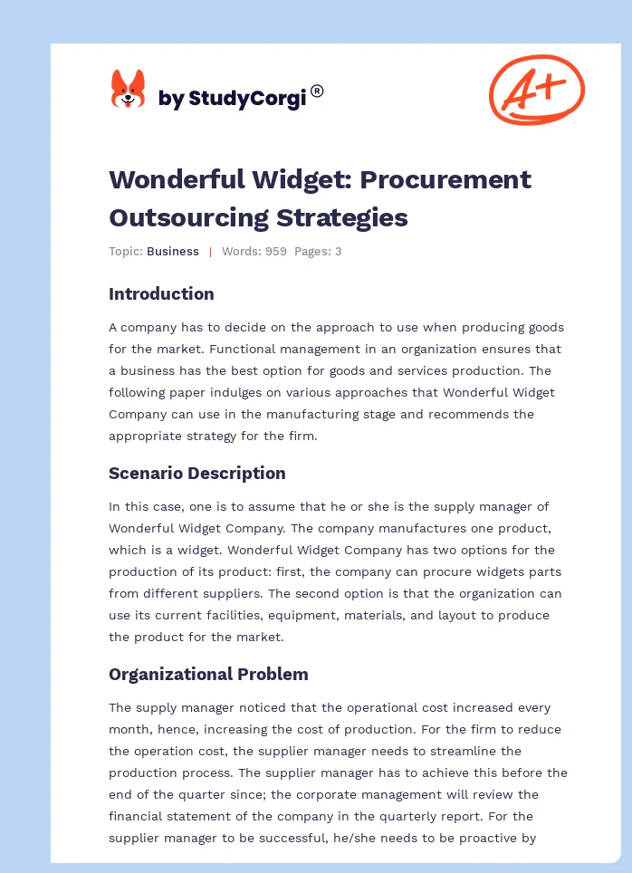 Wonderful Widget: Procurement Outsourcing Strategies. Page 1