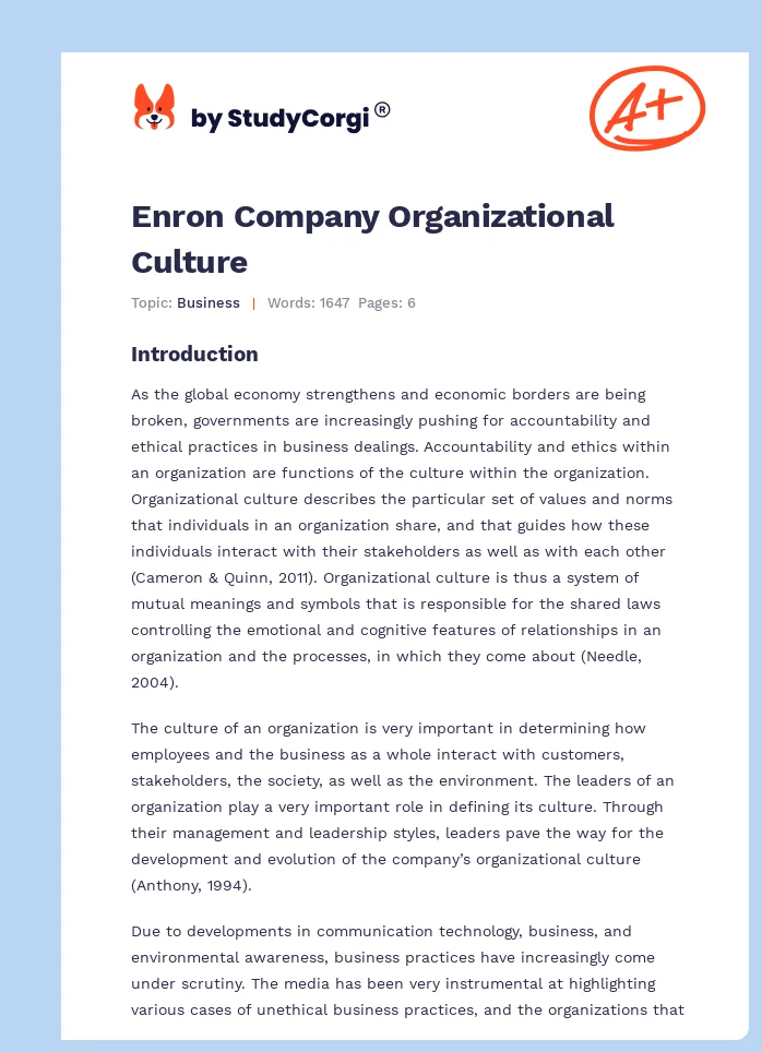 Enron Company Organizational Culture. Page 1