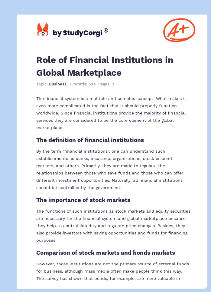 Role of Financial Institutions in Global Marketplace. Page 1