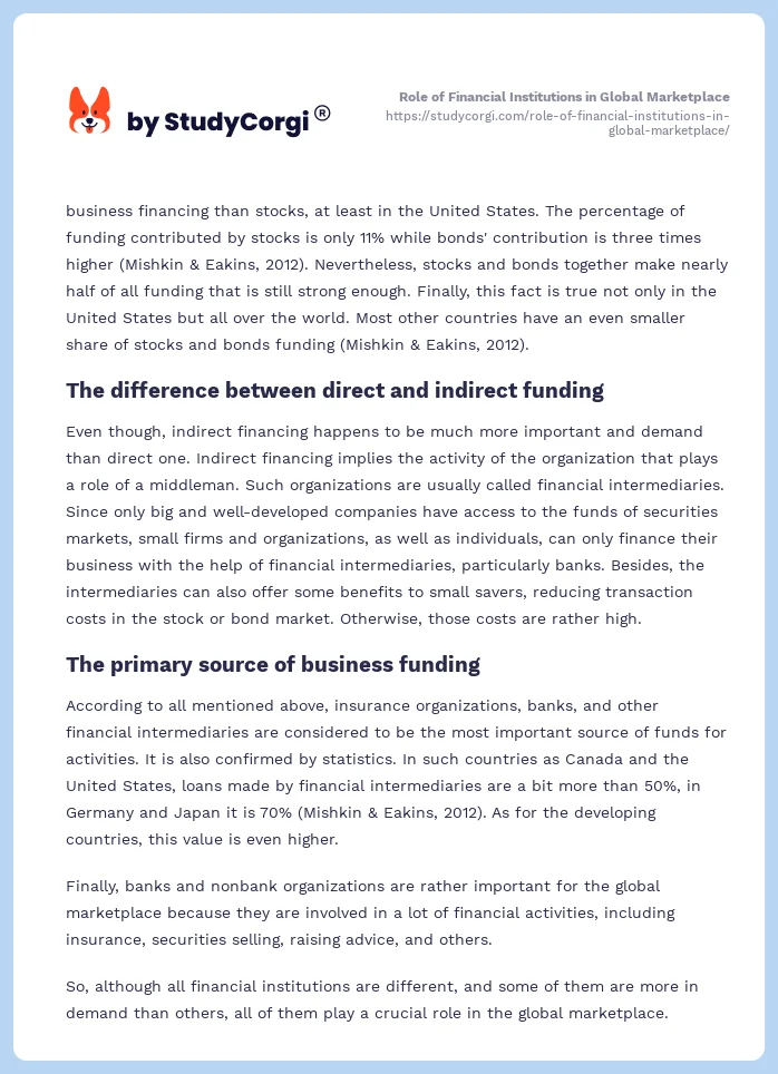 Role of Financial Institutions in Global Marketplace. Page 2