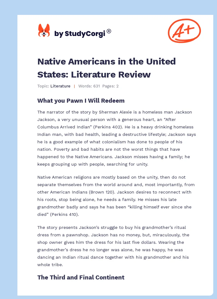 Native Americans in the United States: Literature Review. Page 1