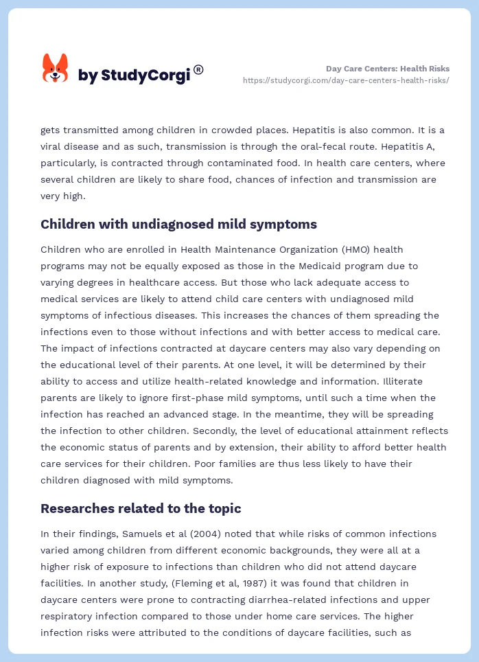 Day Care Centers: Health Risks. Page 2