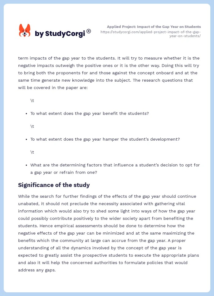 Applied Project: Impact of the Gap Year on Students. Page 2