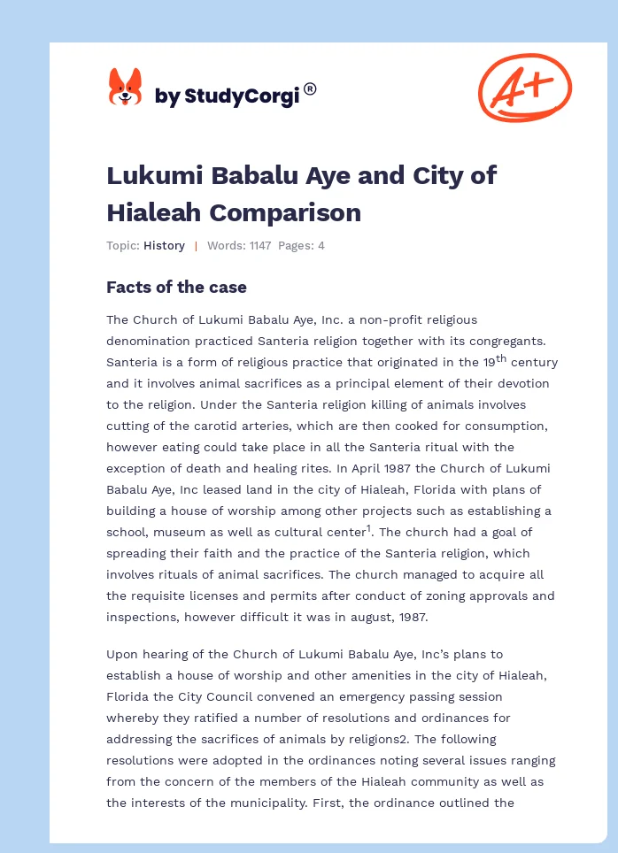Lukumi Babalu Aye and City of Hialeah Comparison. Page 1