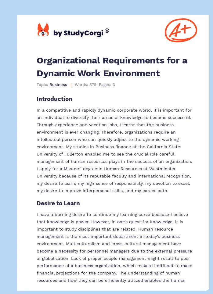 Organizational Requirements for a Dynamic Work Environment. Page 1