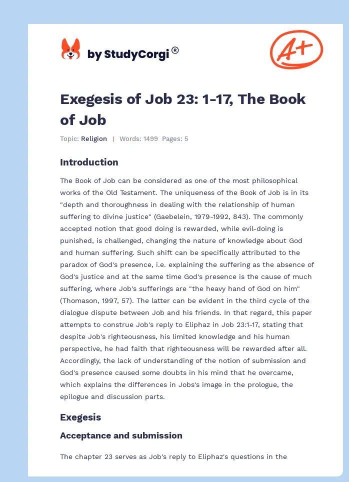 Exegesis of Job 23: 1-17, The Book of Job. Page 1