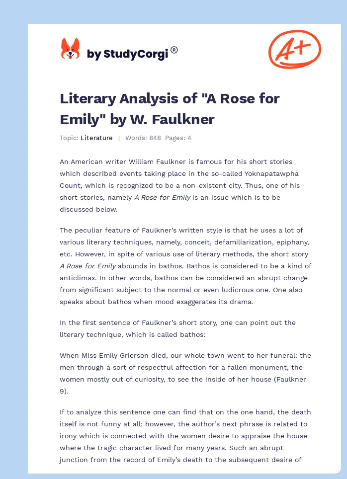 Literary Analysis of "A Rose for Emily" by W. Faulkner. Page 1