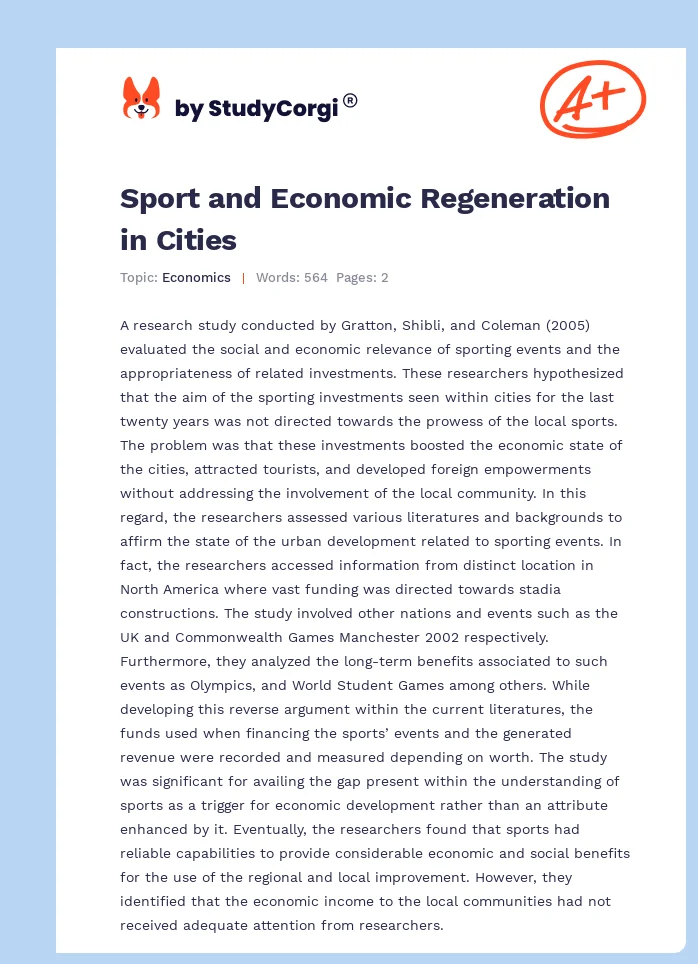 Sport and Economic Regeneration in Cities. Page 1