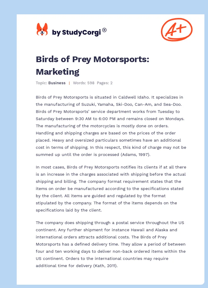 Birds of Prey Motorsports: Marketing. Page 1