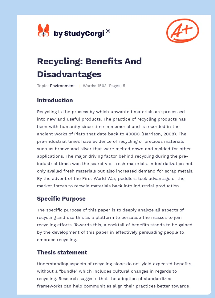 Recycling: Benefits And Disadvantages. Page 1