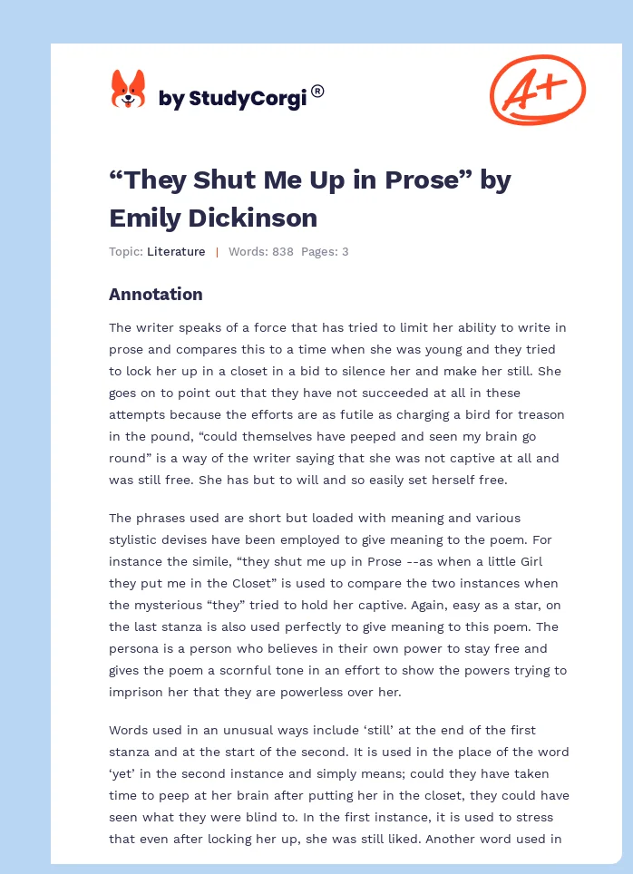 “They Shut Me Up in Prose” by Emily Dickinson. Page 1