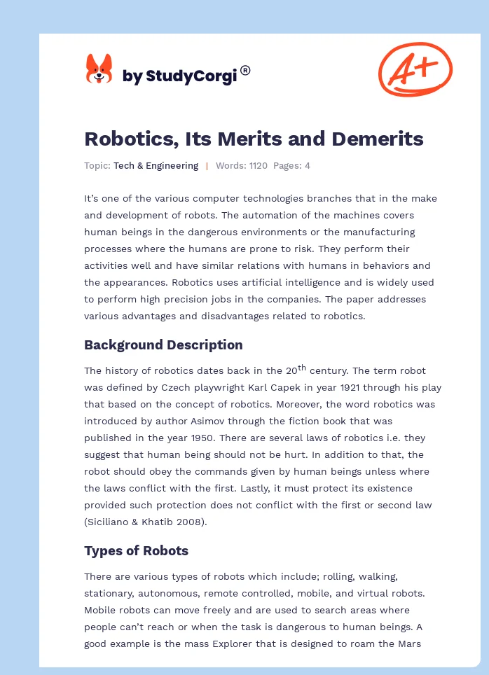 Robotics, Its Merits and Demerits. Page 1