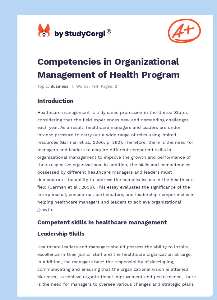 Competencies in Organizational Management of Health Program. Page 1