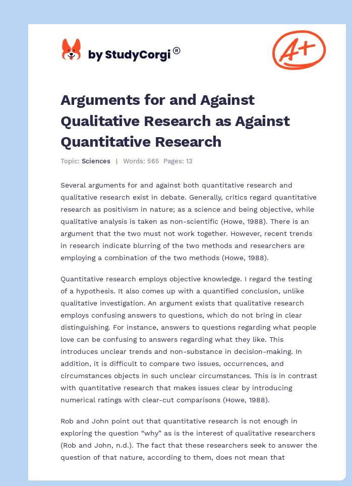 Arguments for and Against Qualitative Research as Against Quantitative Research. Page 1