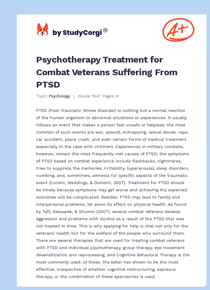 Psychotherapy Treatment for Combat Veterans Suffering From PTSD. Page 1