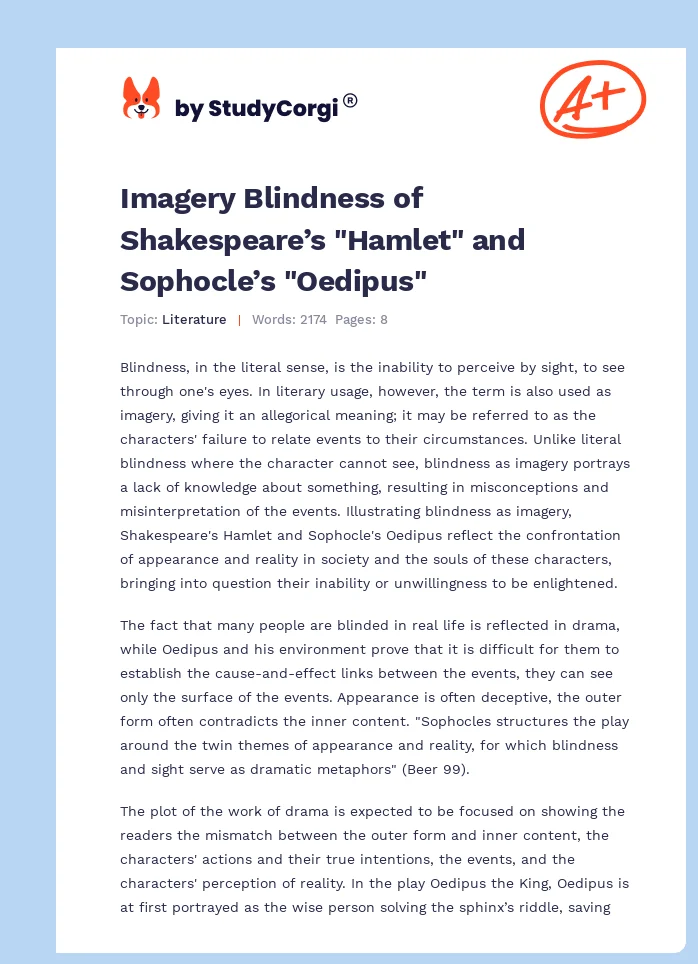 Imagery Blindness of Shakespeare’s "Hamlet" and Sophocle’s "Oedipus". Page 1