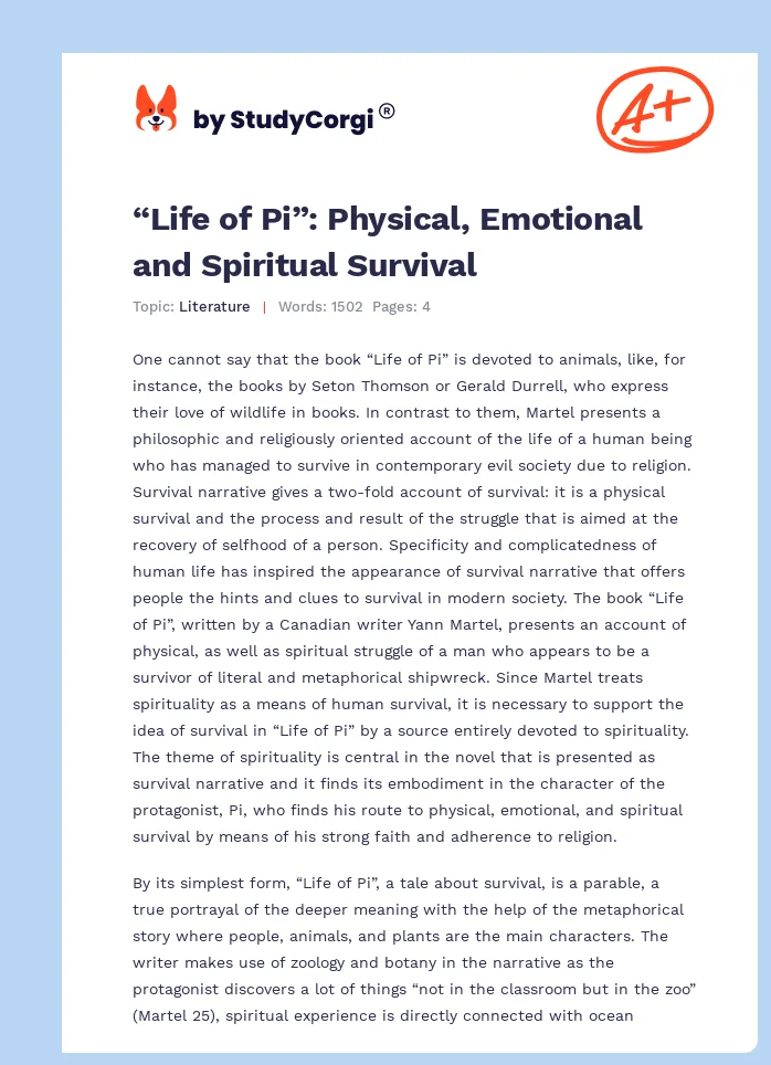 “Life of Pi”: Physical, Emotional and Spiritual Survival. Page 1