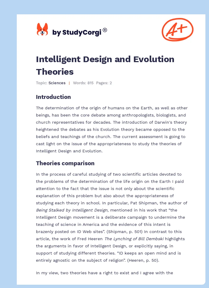 Intelligent Design and Evolution Theories. Page 1