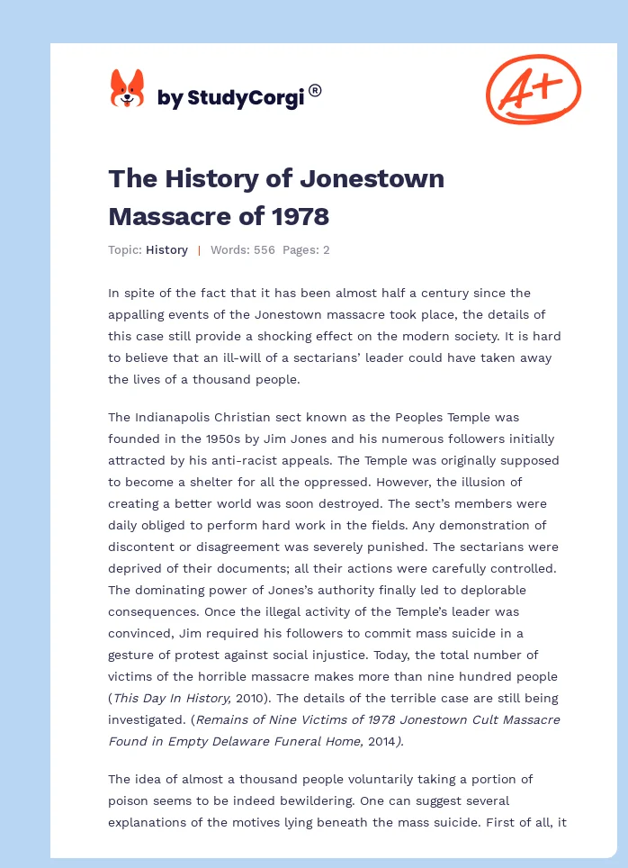 The History of Jonestown Massacre of 1978. Page 1