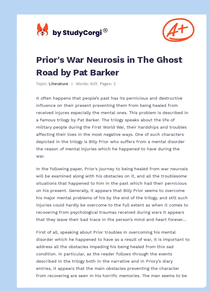 Prior's War Neurosis in The Ghost Road by Pat Barker. Page 1