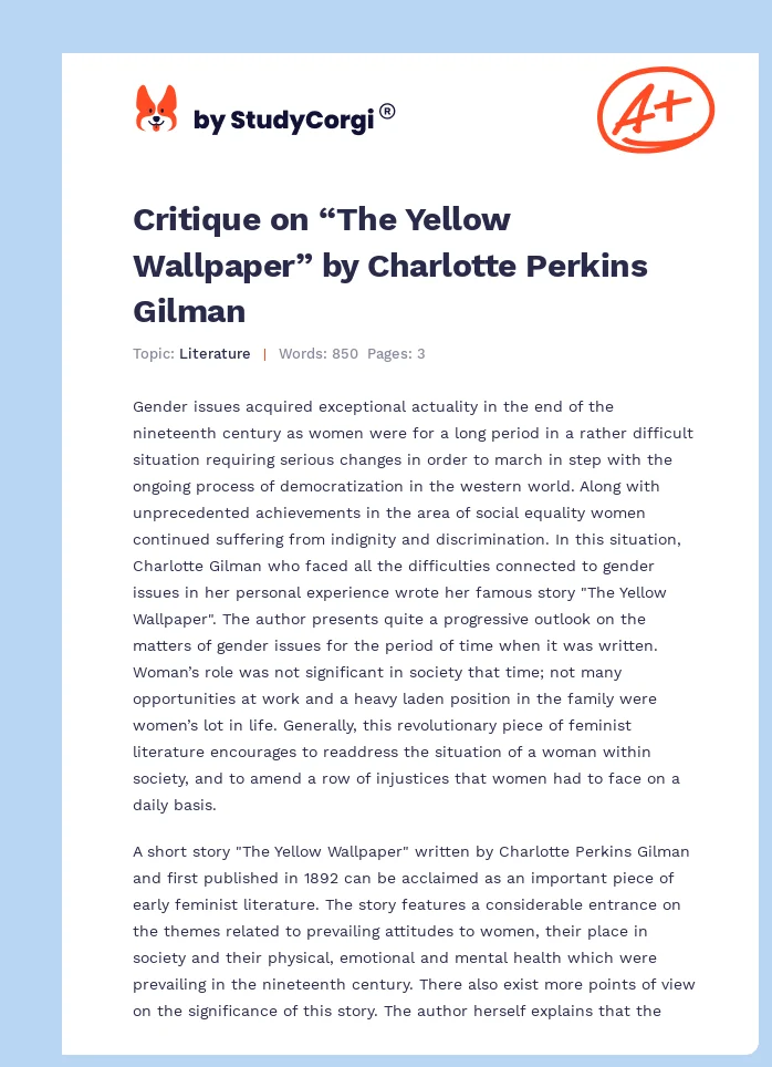 Critique on “The Yellow Wallpaper” by Charlotte Perkins Gilman. Page 1