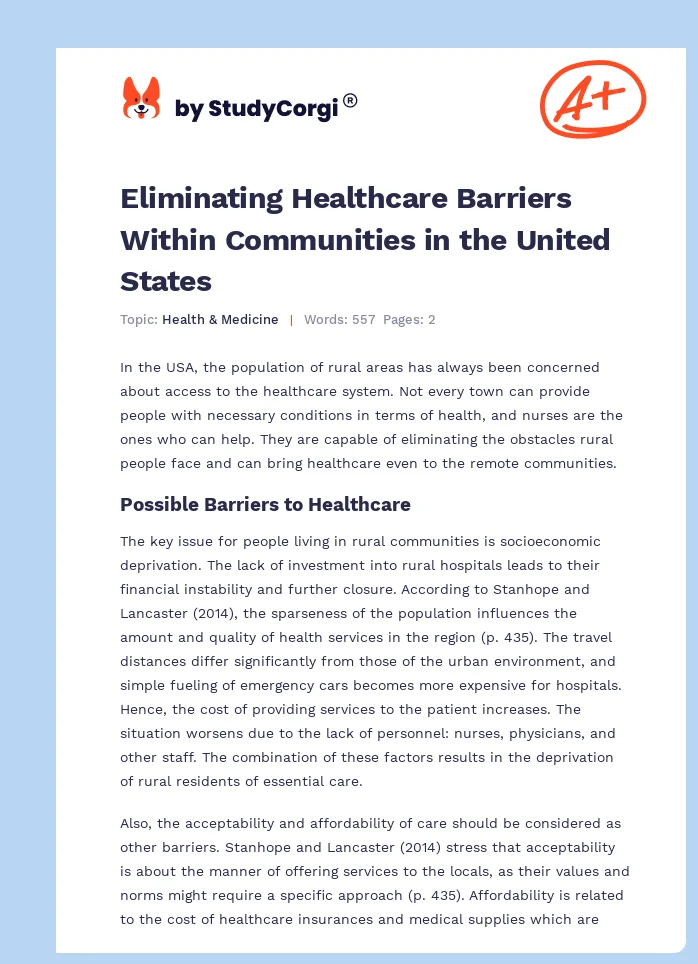 Eliminating Healthcare Barriers Within Communities in the United States. Page 1