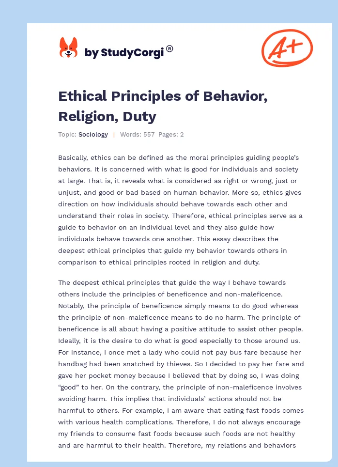 Ethical Principles of Behavior, Religion, Duty. Page 1