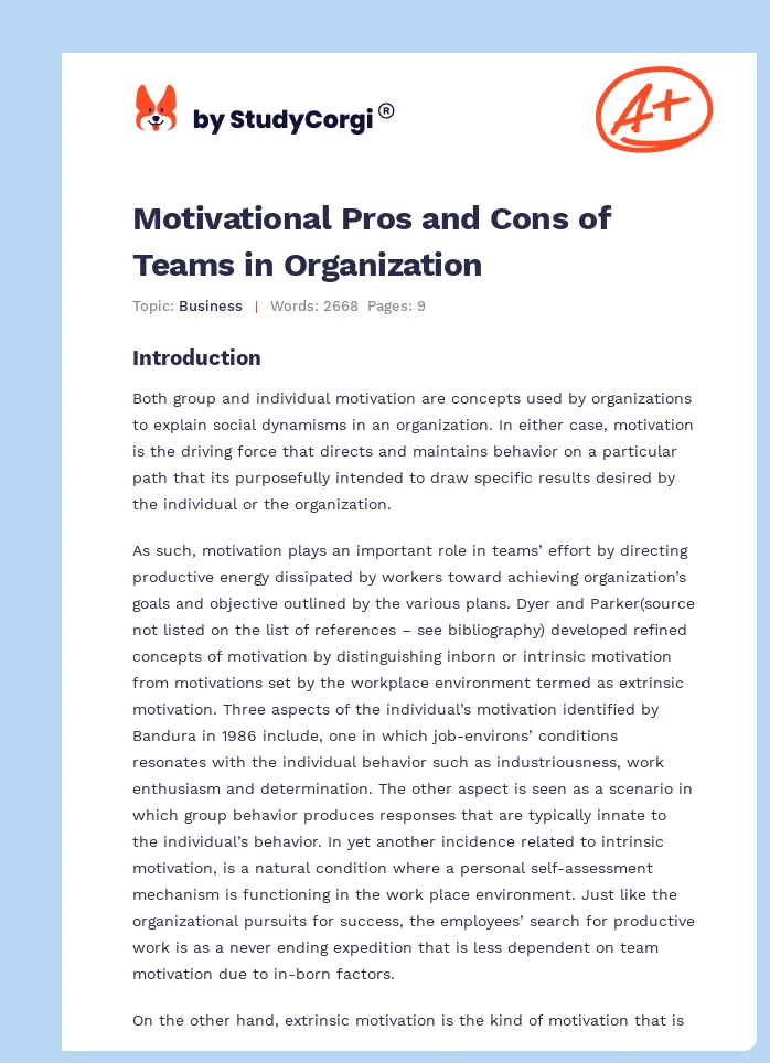 Motivational Pros and Cons of Teams in Organization. Page 1