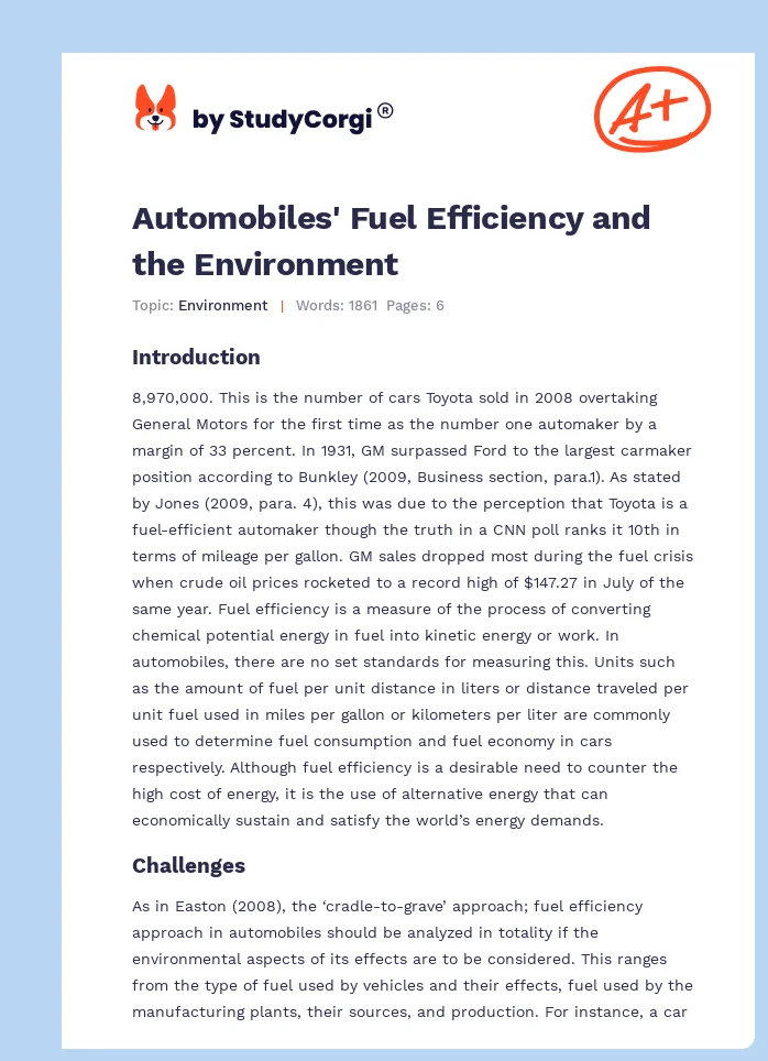 Automobiles' Fuel Efficiency and the Environment. Page 1
