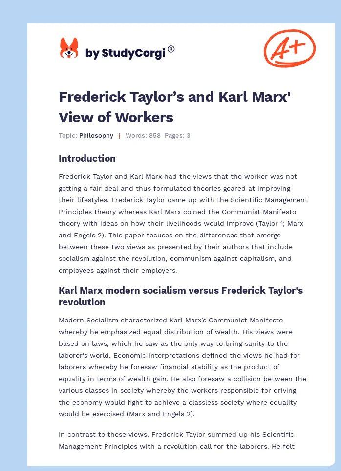 Frederick Taylor’s and Karl Marx' View of Workers. Page 1
