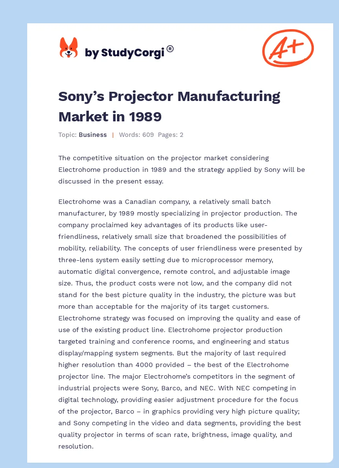 Sony’s Projector Manufacturing Market in 1989. Page 1