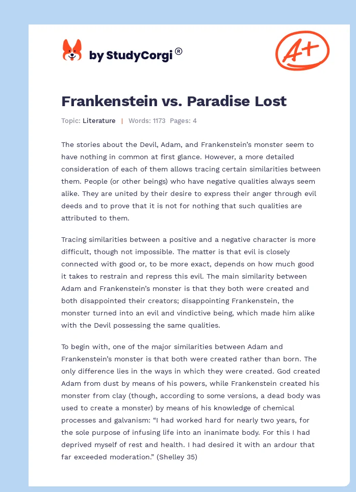 paradise lost and frankenstein essay