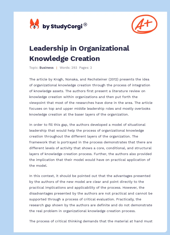 Leadership in Organizational Knowledge Creation. Page 1