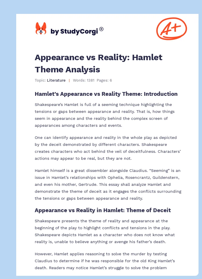 Appearance vs Reality: Hamlet Theme Analysis. Page 1