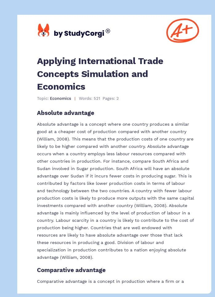 Applying International Trade Concepts Simulation and Economics. Page 1
