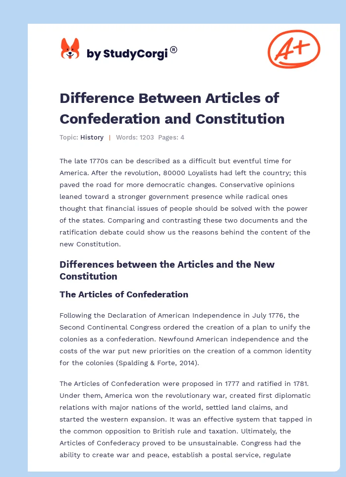 Difference Between Articles of Confederation and Constitution. Page 1
