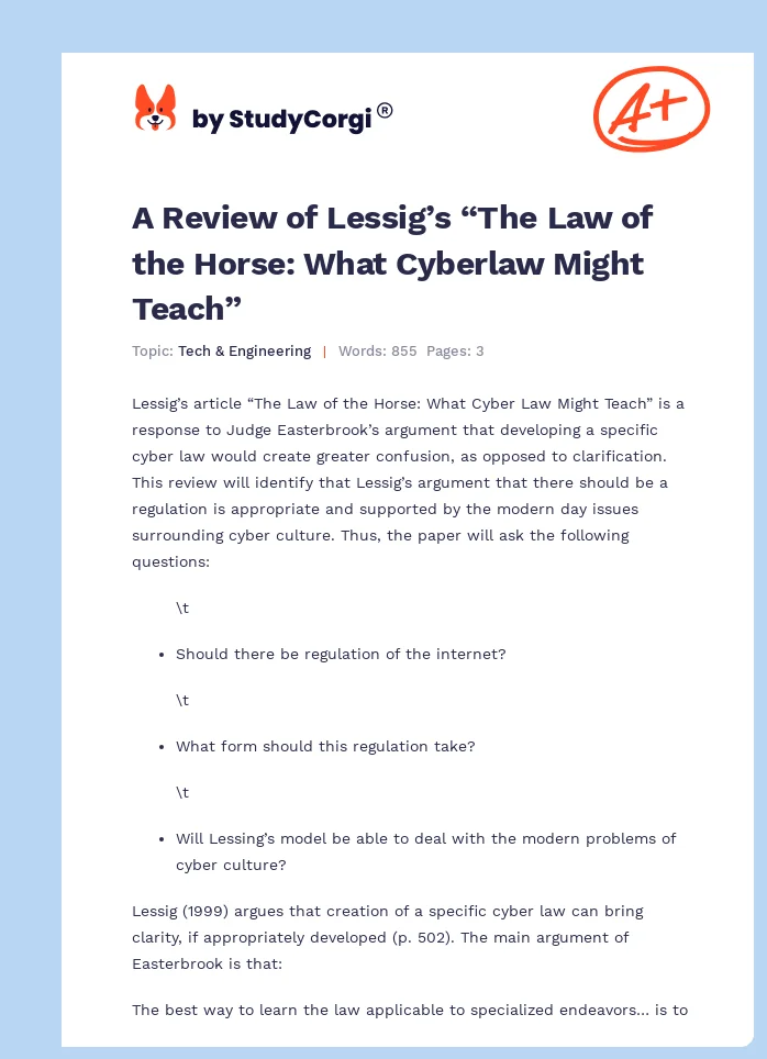 A Review of Lessig’s “The Law of the Horse: What Cyberlaw Might Teach”. Page 1