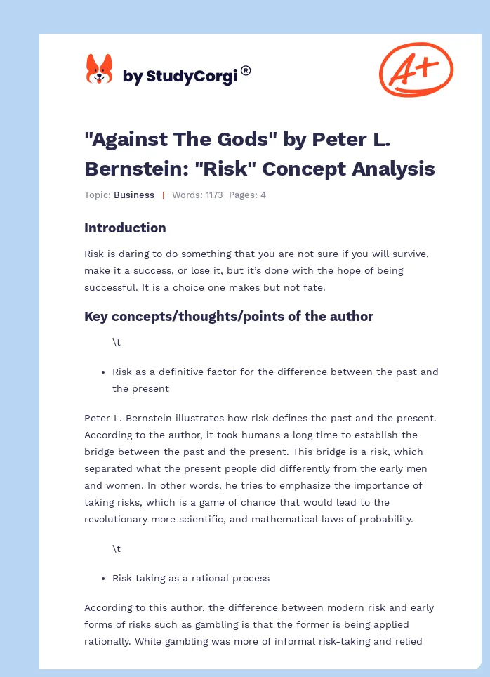 "Against The Gods" by Peter L. Bernstein: "Risk" Concept Analysis. Page 1