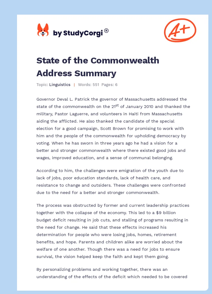 State of the Commonwealth Address Summary. Page 1