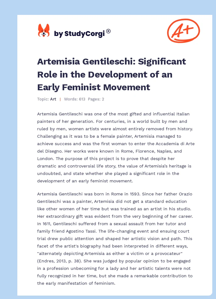 Artemisia Gentileschi: Significant Role in the Development of an Early Feminist Movement. Page 1